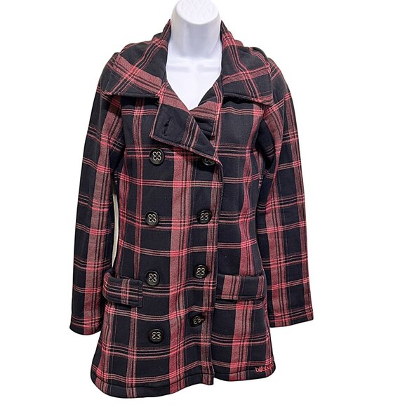 Billabong Plaid Button Front Pea Coat Size S Preppy Dark Academia Vibe - Picture 1 of 10